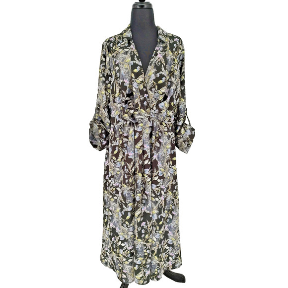 Torrid Woman Black Floral Midi Wrap Dress Size 2 = 18-20 Roll Tab Sleeves V Neck - Picture 1 of 13